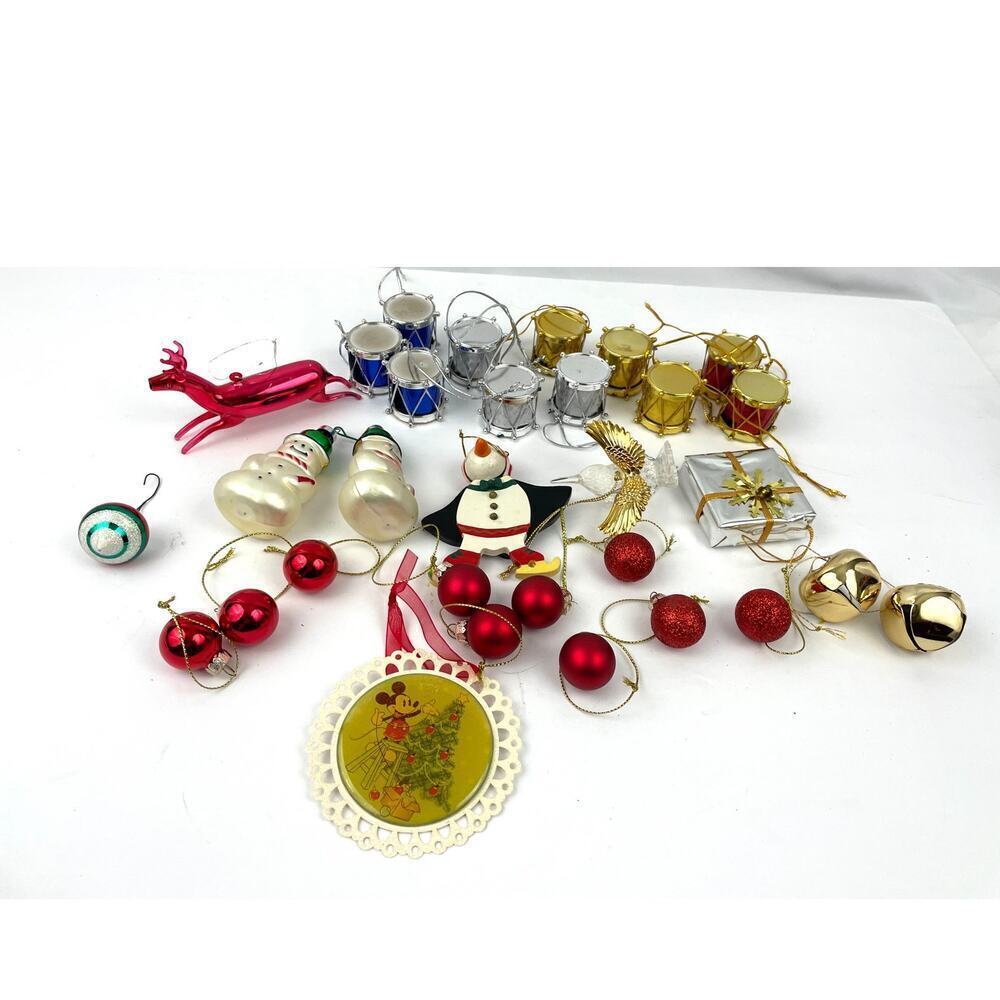 Lot of 30 Holiday Ornaments Christmas Glitter Bulbs Balls Presents Drums Snowman